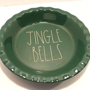 Rae Dunn 9" Pie Plate, Baking Dish, Xmas Green, Jingle Bells. Good Condition.